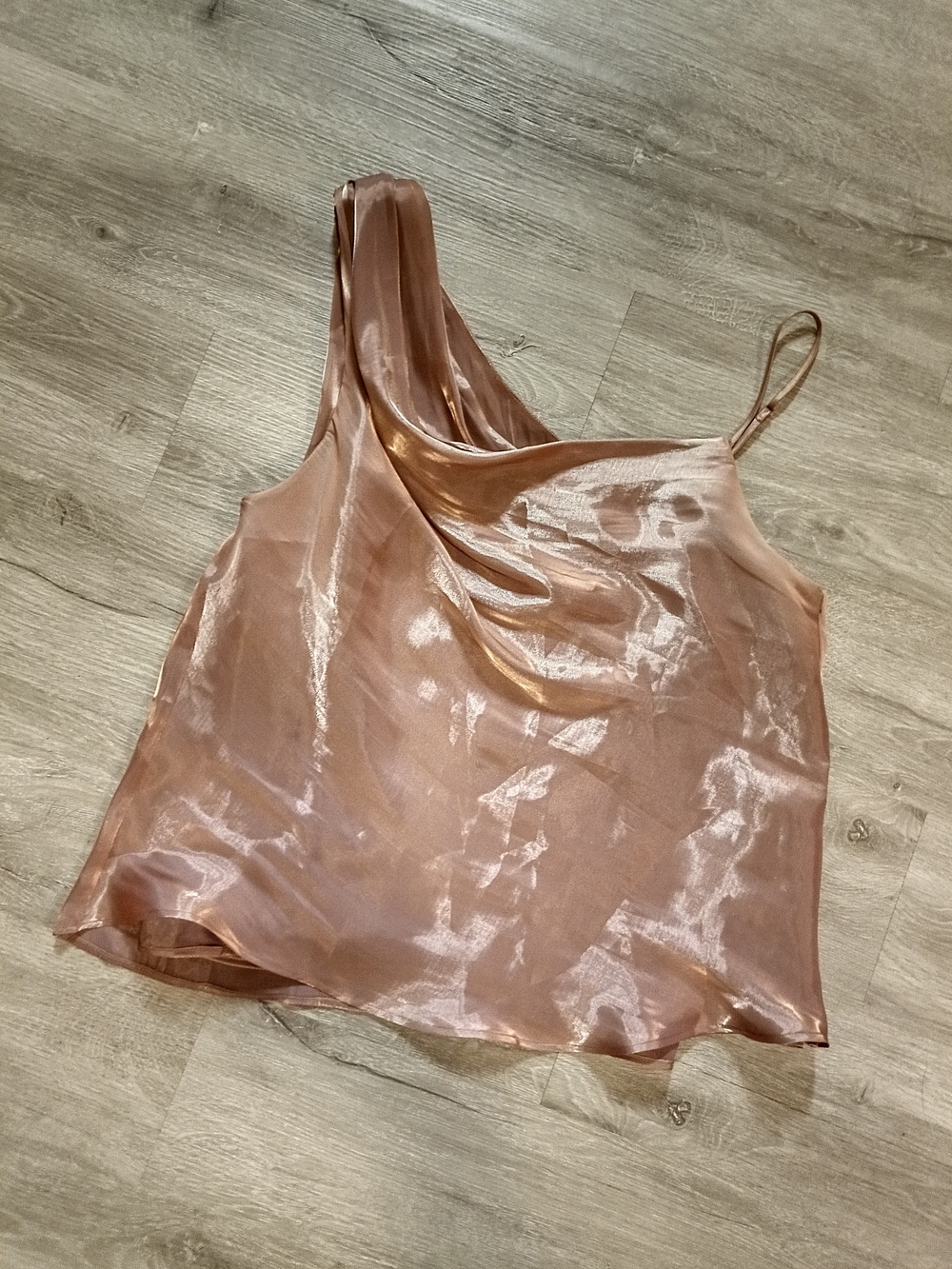 Free People Sheer Rose Gold One-Shoulder Satin Cowl Tank Top